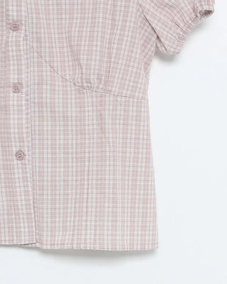 Round collar check short-sleeved blouse
