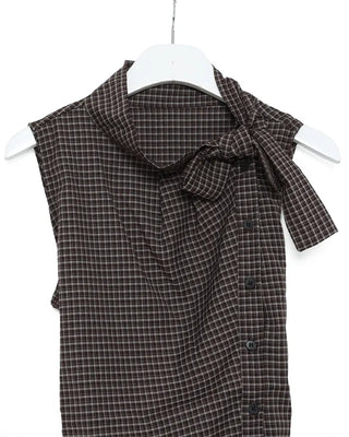 Checkered high-neck sleeveless blouse with bow tie