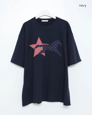 (Unisex) Check Star Dot Horse Patch Half T-Shirt