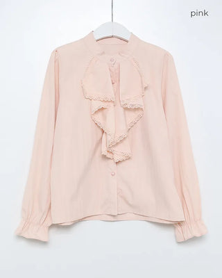 Lace Ribbon Henley Neck Blouse
