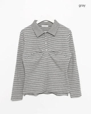 Triple Border Polo Neck Gathered Long T-Shirt