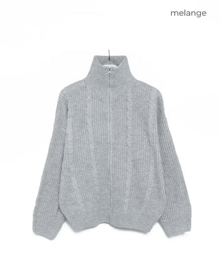 Cable knit high neck half-zip sweater