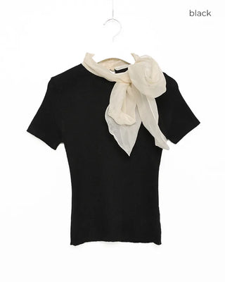 Scarf Ribbon Neck Short Sleeve Knit
