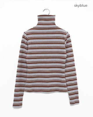High-neck striped slim rib brushed long T-shirt