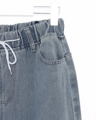 Elastic waistband drawstring denim wide-leg pants