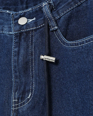 Straight denim pants with drawstring waist