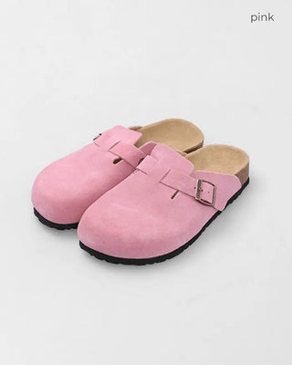 Suede texture buckle mules
