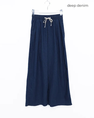 Denim wide-leg pants with elastic waistband and drawstring