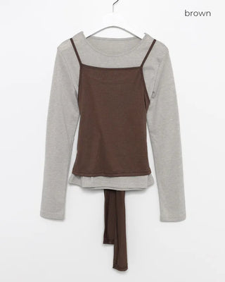 Waist tie camisole layered long-sleeve T-shirt