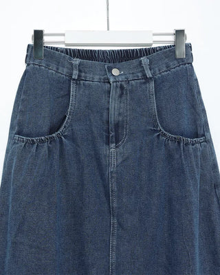 Elastic waist pocket midi denim skirt