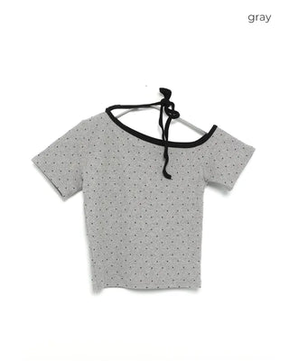 One-shoulder polka dot neck string short-sleeve T-shirt