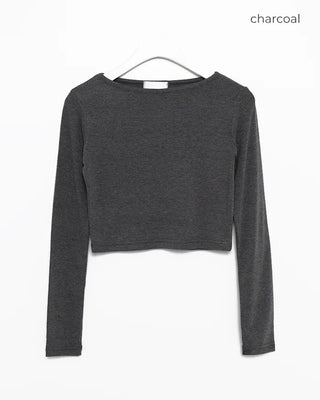 Boat neck cropped ribbed long-sleeve cut and sew