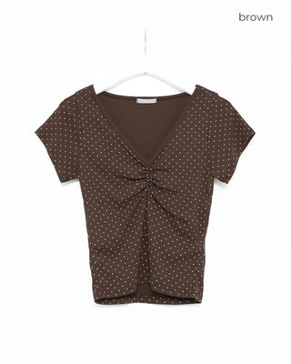 V-neck polka dot shirred half T-shirt