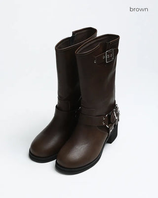 Round-toe biker mid-calf boots