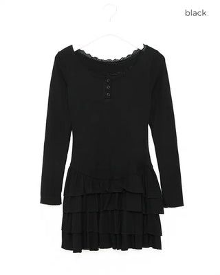 Lace tiered button mini dress