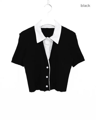 Shirt-style short-sleeved cardigan