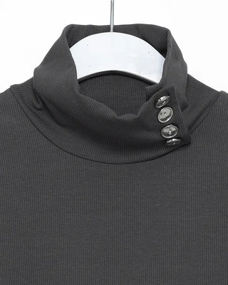 Button stand neck ribbed slim long T-shirt