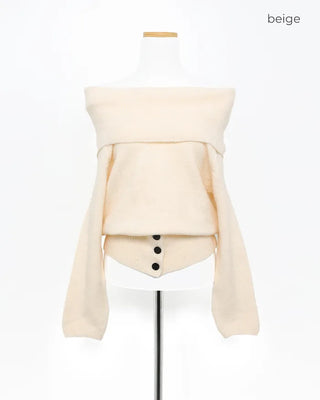 Button-point wide-neck off-shoulder knit
