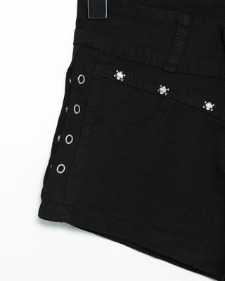Skull Studded Berry Short Black Pants