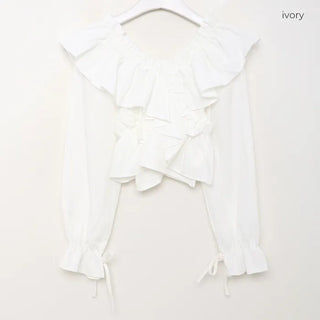 V-neck frill ribbon blouse