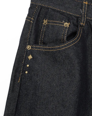 Hip studded flap pocket rigid balloon jeans