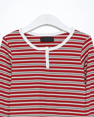 Striped Henley Neck Long T-Shirt
