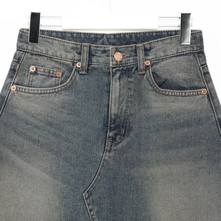 Stitched flared long denim skirt