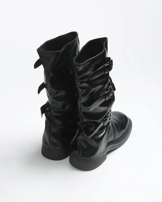 Square-toe triple-strap mid-calf boots