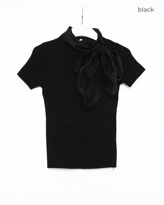 Satin ribbon short-sleeved blouse