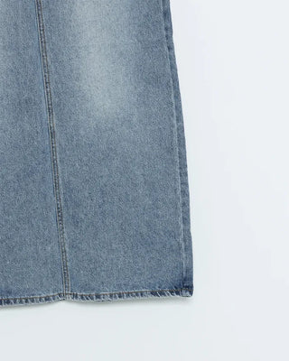 H-line elastic waist long denim skirt