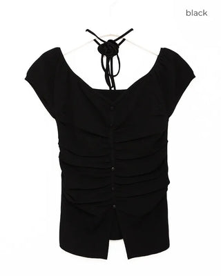Flower Strap Heart Neck Shirring Short Sleeve T-Shirt