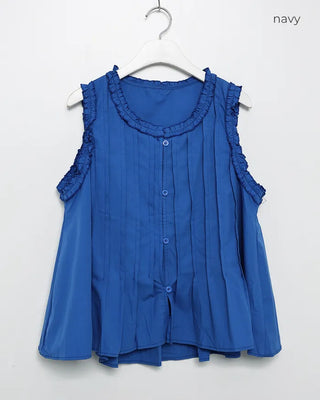 Pintuck frill sleeveless flared button blouse