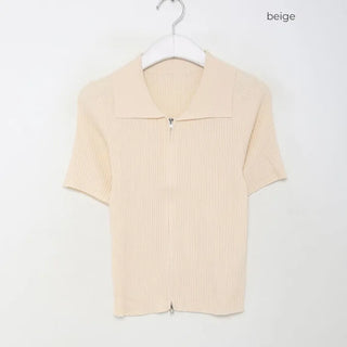 Colored Zipper Short-Sleeve Knit Cardigan
