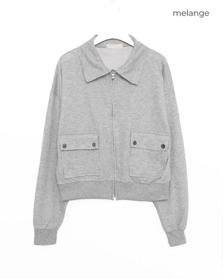 Flap pocket collar neck double zip sweatshirt