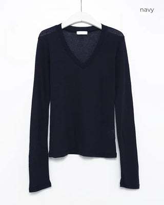 V-neck wool Tencel ribbed sheer long T-shirt