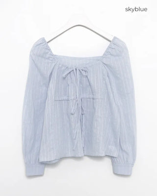 Square drawneck dobby stripe blouse