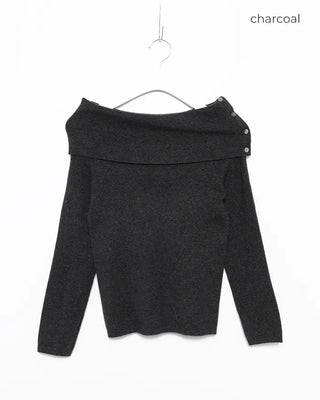 Button-wrap off-shoulder ribbed knit