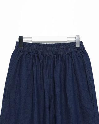 Frilled denim cotton wide-leg pants with elastic waistband
