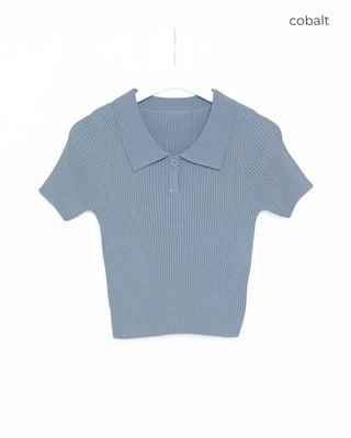 Polo neck semi-cropped ribbed knit T-shirt