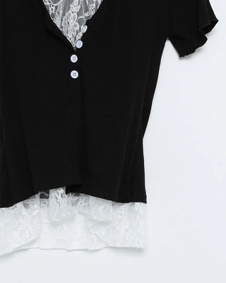 Lace-layered short-sleeved cardigan