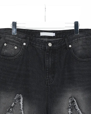 (Unisex) Cut-off Fringe Patch Bermuda Jeans