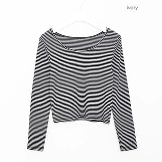 2-Way Round Neck Striped Rib Long T-Shirt
