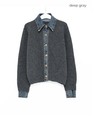 Denim-colored neck knit cardigan