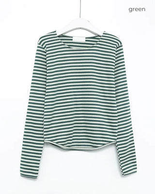 Oblong neck round hem border ribbed long T-shirt
