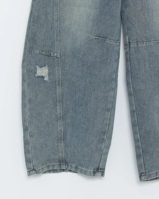 Washed distressed wide-leg denim pants