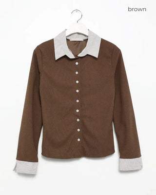 Shirt-layered button cardigan
