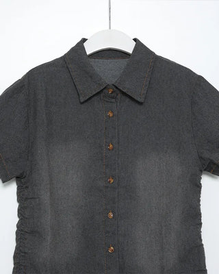 Denim Shirred Short-Sleeve Shirt