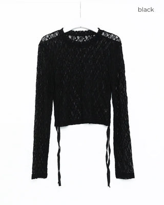 Side Shirring Lace Long Sleeve T-Shirt