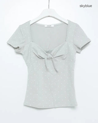 Lace trim polka dot front ribbon short-sleeved T-shirt