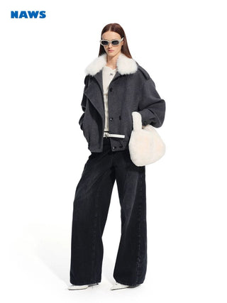 [NOTAWEAR] Faux Fur Collar Wool Blend Bomber  Jacket